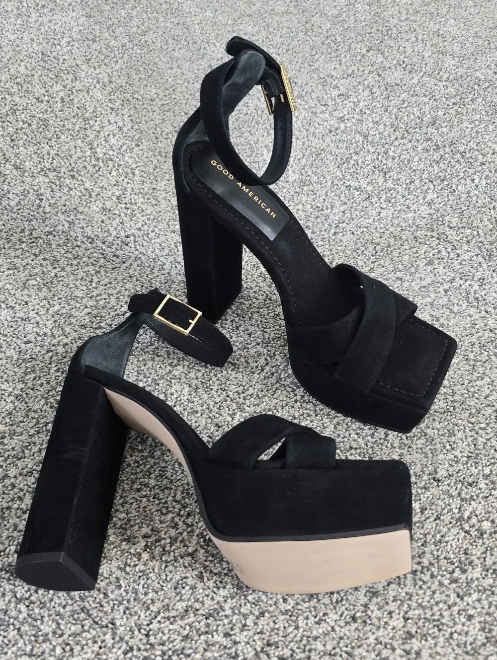 Good American Black Suede Square Toe Platform Ankle Strap Heels